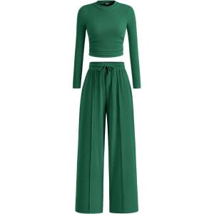 imageBTFBM Casual 2 Piece Sets For Women Fall Outfits 2025 Ribbed Long Sleeve Crop Top Wide Leg Pants Matching Lounge SetDark Green