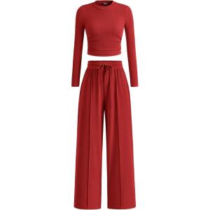 imageBTFBM Casual 2 Piece Sets For Women Fall Outfits 2025 Ribbed Long Sleeve Crop Top Wide Leg Pants Matching Lounge SetFiery Red