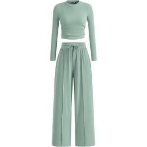 imageBTFBM Casual 2 Piece Sets For Women Fall Outfits 2025 Ribbed Long Sleeve Crop Top Wide Leg Pants Matching Lounge SetFruit Green