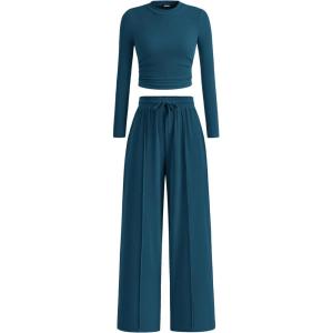 imageBTFBM Casual 2 Piece Sets For Women Fall Outfits 2025 Ribbed Long Sleeve Crop Top Wide Leg Pants Matching Lounge SetLake Blue