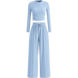 imageBTFBM Casual 2 Piece Sets For Women Fall Outfits 2025 Ribbed Long Sleeve Crop Top Wide Leg Pants Matching Lounge SetLight Blue