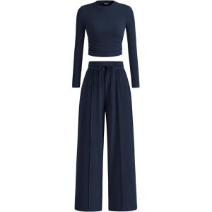imageBTFBM Casual 2 Piece Sets For Women Fall Outfits 2025 Ribbed Long Sleeve Crop Top Wide Leg Pants Matching Lounge SetNavy