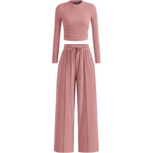 imageBTFBM Casual 2 Piece Sets For Women Fall Outfits 2025 Ribbed Long Sleeve Crop Top Wide Leg Pants Matching Lounge SetPink
