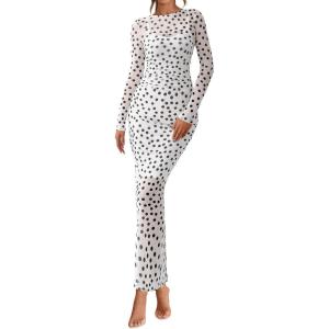 imageBTFBM Fall Dresses for Women 2025 2 Piece Set Long Sleeve Polka Dot Sexy Bodycon Mesh Dress and Slip Dress Party WeddingBig Dot White Black