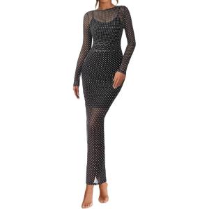 imageBTFBM Fall Dresses for Women 2025 2 Piece Set Long Sleeve Polka Dot Sexy Bodycon Mesh Dress and Slip Dress Party WeddingSmall Dot Black White