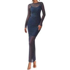imageBTFBM Fall Dresses for Women 2025 2 Piece Set Long Sleeve Polka Dot Sexy Bodycon Mesh Dress and Slip Dress Party WeddingSmall Dot Navy White