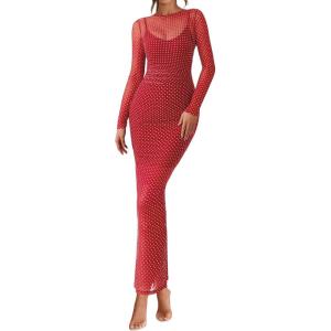 imageBTFBM Fall Dresses for Women 2025 2 Piece Set Long Sleeve Polka Dot Sexy Bodycon Mesh Dress and Slip Dress Party WeddingSmall Dot Red White