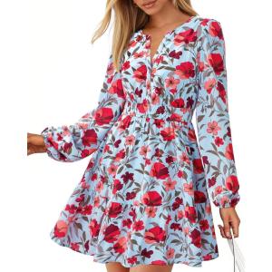 imageBTFBM Fall Dresses for Women 2025 Long Sleeve Elastic Waist Mini Wedding Guest Dress Boho Floral Beach Vacation ClothesBlue Red Flower