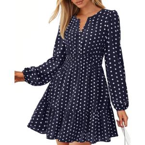 imageBTFBM Fall Dresses for Women 2025 Long Sleeve Elastic Waist Mini Wedding Guest Dress Boho Floral Beach Vacation ClothesDot Navy White