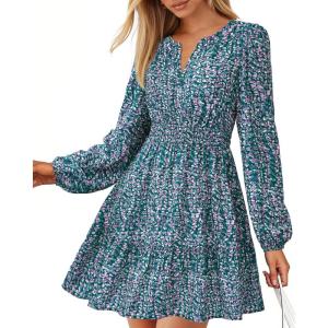 imageBTFBM Fall Dresses for Women 2025 Long Sleeve Elastic Waist Mini Wedding Guest Dress Boho Floral Beach Vacation ClothesFloral Purple Green