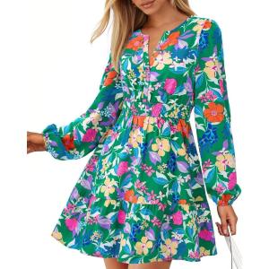 imageBTFBM Fall Dresses for Women 2025 Long Sleeve Elastic Waist Mini Wedding Guest Dress Boho Floral Beach Vacation ClothesGreen Orange Flower