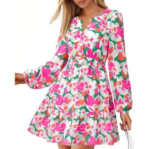 imageBTFBM Fall Dresses for Women 2025 Long Sleeve Elastic Waist Mini Wedding Guest Dress Boho Floral Beach Vacation ClothesGreen Pink Flower