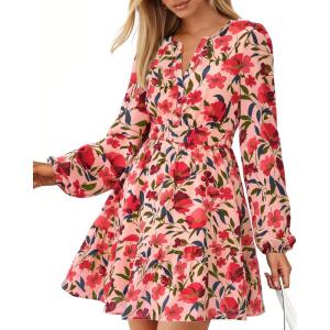 imageBTFBM Fall Dresses for Women 2025 Long Sleeve Elastic Waist Mini Wedding Guest Dress Boho Floral Beach Vacation ClothesOrange Pink Red Flower