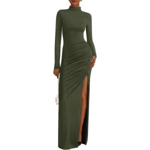 imageBTFBM Formal Dresses for Women 2025 Fall Long Sleeve Mock Neck Ruched Bodycon Slit Maxi Wedding Guest Dress CocktailArmy Green