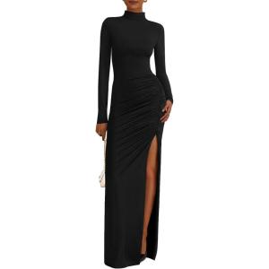 imageBTFBM Formal Dresses for Women 2025 Fall Long Sleeve Mock Neck Ruched Bodycon Slit Maxi Wedding Guest Dress CocktailBlack