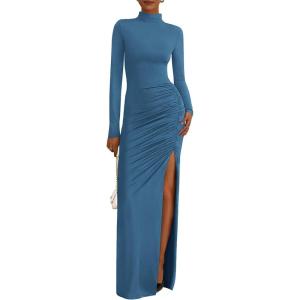 imageBTFBM Formal Dresses for Women 2025 Fall Long Sleeve Mock Neck Ruched Bodycon Slit Maxi Wedding Guest Dress CocktailBlue