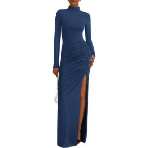 imageBTFBM Formal Dresses for Women 2025 Fall Long Sleeve Mock Neck Ruched Bodycon Slit Maxi Wedding Guest Dress CocktailDark Blue