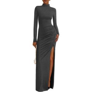imageBTFBM Formal Dresses for Women 2025 Fall Long Sleeve Mock Neck Ruched Bodycon Slit Maxi Wedding Guest Dress CocktailDark Grey