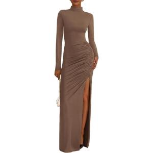 imageBTFBM Formal Dresses for Women 2025 Fall Long Sleeve Mock Neck Ruched Bodycon Slit Maxi Wedding Guest Dress CocktailKhaki