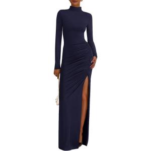 imageBTFBM Formal Dresses for Women 2025 Fall Long Sleeve Mock Neck Ruched Bodycon Slit Maxi Wedding Guest Dress CocktailNavy Blue