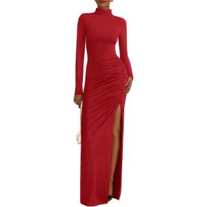 imageBTFBM Formal Dresses for Women 2025 Fall Long Sleeve Mock Neck Ruched Bodycon Slit Maxi Wedding Guest Dress CocktailRed