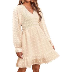imageBTFBM Long Sleeve Fall Dresses for Women 2025 Casual V Neck Swiss Dot Smocked Ruffle Chiffon Summer Flowy Mini DressApricot