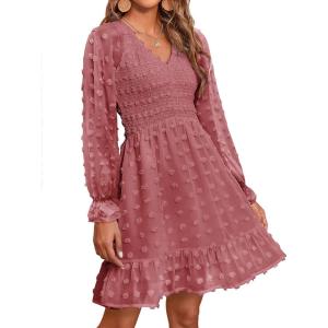 imageBTFBM Long Sleeve Fall Dresses for Women 2025 Casual V Neck Swiss Dot Smocked Ruffle Chiffon Summer Flowy Mini DressBean Paste Red