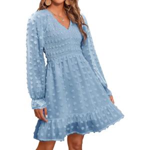 imageBTFBM Long Sleeve Fall Dresses for Women 2025 Casual V Neck Swiss Dot Smocked Ruffle Chiffon Summer Flowy Mini DressBlue