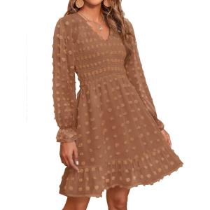 imageBTFBM Long Sleeve Fall Dresses for Women 2025 Casual V Neck Swiss Dot Smocked Ruffle Chiffon Summer Flowy Mini DressKhaki