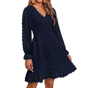 imageBTFBM Long Sleeve Fall Dresses for Women 2025 Casual V Neck Swiss Dot Smocked Ruffle Chiffon Summer Flowy Mini DressNavy