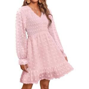 imageBTFBM Long Sleeve Fall Dresses for Women 2025 Casual V Neck Swiss Dot Smocked Ruffle Chiffon Summer Flowy Mini DressPink