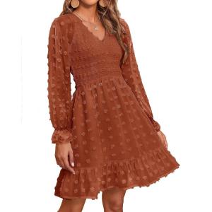 imageBTFBM Long Sleeve Fall Dresses for Women 2025 Casual V Neck Swiss Dot Smocked Ruffle Chiffon Summer Flowy Mini DressRed Brown