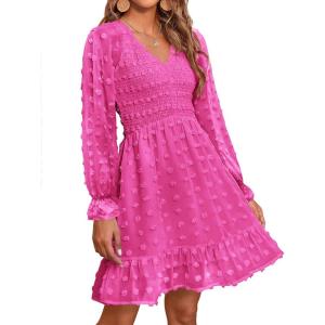 imageBTFBM Long Sleeve Fall Dresses for Women 2025 Casual V Neck Swiss Dot Smocked Ruffle Chiffon Summer Flowy Mini DressRose Red