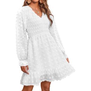 imageBTFBM Long Sleeve Fall Dresses for Women 2025 Casual V Neck Swiss Dot Smocked Ruffle Chiffon Summer Flowy Mini DressWhite
