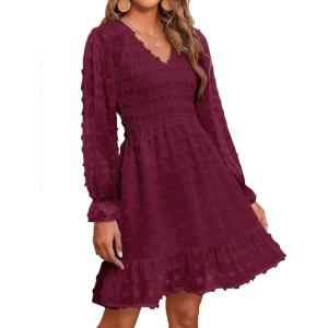 imageBTFBM Long Sleeve Fall Dresses for Women 2025 Casual V Neck Swiss Dot Smocked Ruffle Chiffon Summer Flowy Mini DressWine Red