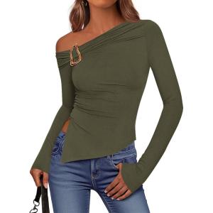 imageBTFBM Off The Shoulder Tops for Women Fall Fashion 2025 Asymmetrical Long Sleeve Shirts Fitted Going Out Top Y2K ClothesArmy Green