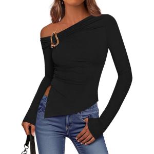 imageBTFBM Off The Shoulder Tops for Women Fall Fashion 2025 Asymmetrical Long Sleeve Shirts Fitted Going Out Top Y2K ClothesBlack