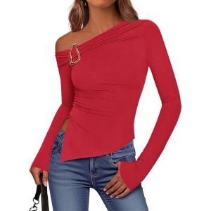 imageBTFBM Off The Shoulder Tops for Women Fall Fashion 2025 Asymmetrical Long Sleeve Shirts Fitted Going Out Top Y2K ClothesRed