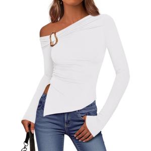imageBTFBM Off The Shoulder Tops for Women Fall Fashion 2025 Asymmetrical Long Sleeve Shirts Fitted Going Out Top Y2K ClothesWhite