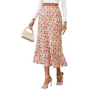 imageBTFBM Satin Skirts for Women 2025 Fall High Waisted ALine Leopard Print Cocktail Wedding Long Silk Summer Midi SkirtFloral Apricot Red