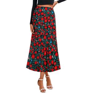 imageBTFBM Satin Skirts for Women 2025 Fall High Waisted ALine Leopard Print Cocktail Wedding Long Silk Summer Midi SkirtFloral Black Red