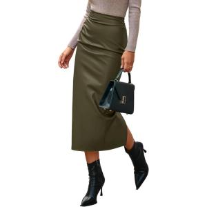 imageBTFBM Skirts for Women Trendy Fall 2025 Elastic Waist Ruched Bodycon Slit Pencil Midi Leather Skirt Bussiness CasualArmy Green