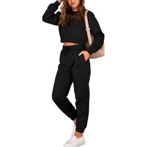 imageBTFBM Women 2 Piece Outfits Long Sleeve Crop Top Pullover Drawstring Pant Jogger Set Casual Sweatsuits Tracksuit PocketsBlack