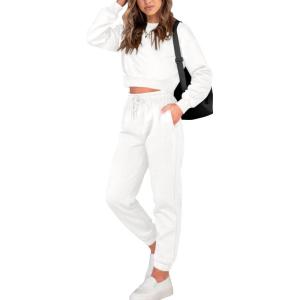 imageBTFBM Women 2 Piece Outfits Long Sleeve Crop Top Pullover Drawstring Pant Jogger Set Casual Sweatsuits Tracksuit PocketsWhite