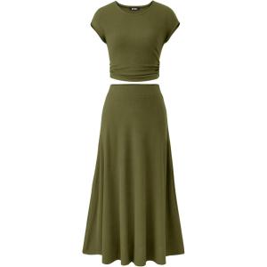 imageBTFBM Women Two Piece Skirt Set Summer 2025 Casual Vacation Crew Neck Short Sleeve Cropped Top Elastic Waist Midi SkirtsArmy Green