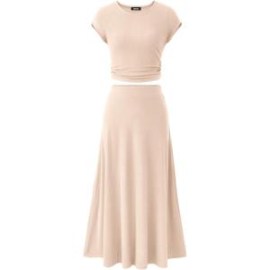 imageBTFBM Women Two Piece Skirt Set Summer 2025 Casual Vacation Crew Neck Short Sleeve Cropped Top Elastic Waist Midi SkirtsBeige