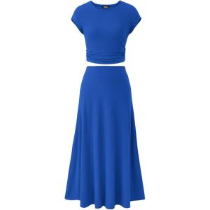 imageBTFBM Women Two Piece Skirt Set Summer 2025 Casual Vacation Crew Neck Short Sleeve Cropped Top Elastic Waist Midi SkirtsBlue