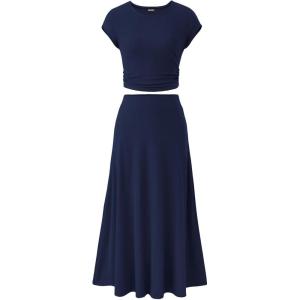 imageBTFBM Women Two Piece Skirt Set Summer 2025 Casual Vacation Crew Neck Short Sleeve Cropped Top Elastic Waist Midi SkirtsDark Blue
