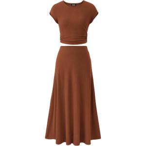 imageBTFBM Women Two Piece Skirt Set Summer 2025 Casual Vacation Crew Neck Short Sleeve Cropped Top Elastic Waist Midi SkirtsDark Brown