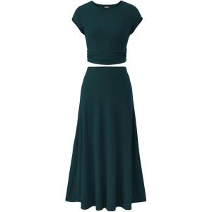 imageBTFBM Women Two Piece Skirt Set Summer 2025 Casual Vacation Crew Neck Short Sleeve Cropped Top Elastic Waist Midi SkirtsDark Green